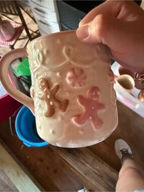 Ceramic Gingerbread Holiday Mug in Cream and Pink